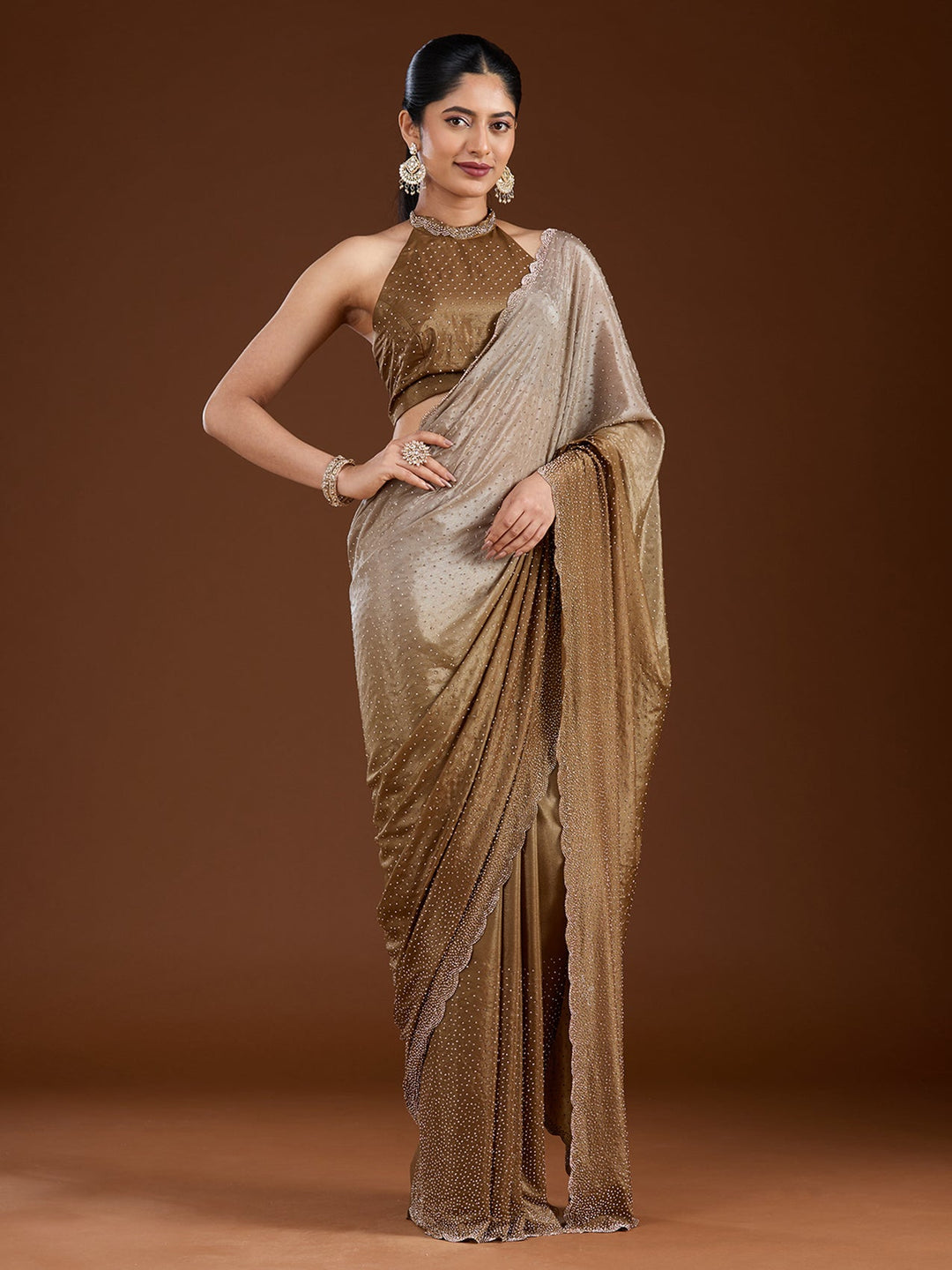 Light Grey Stonework (Gold) Satin Saree-Koskii