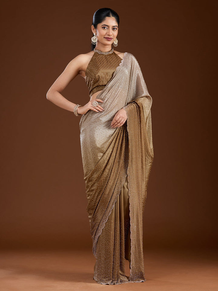 Light Grey Stonework (Gold) Satin Saree-Koskii