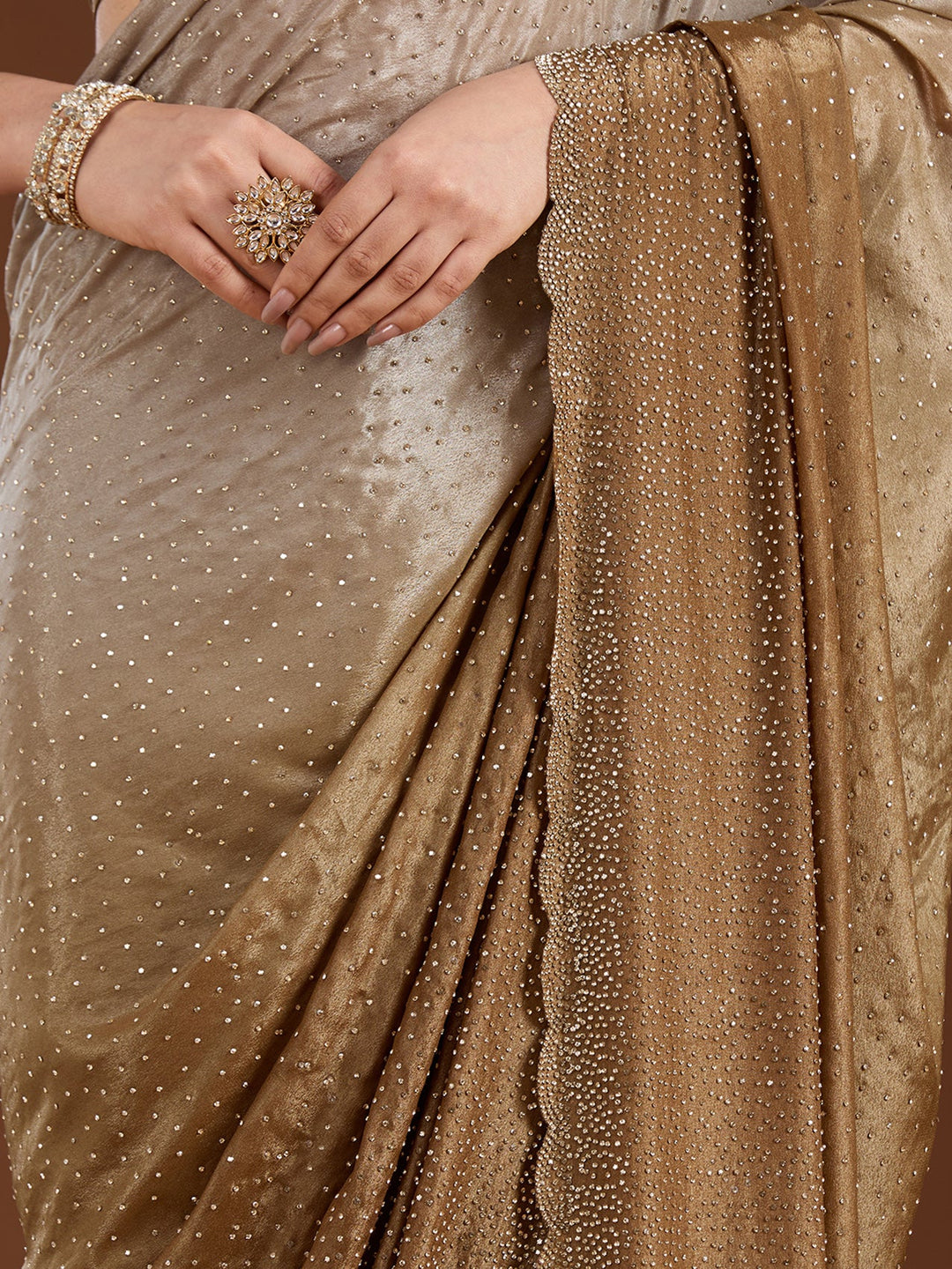 Light Grey Stonework (Gold) Satin Saree-Koskii