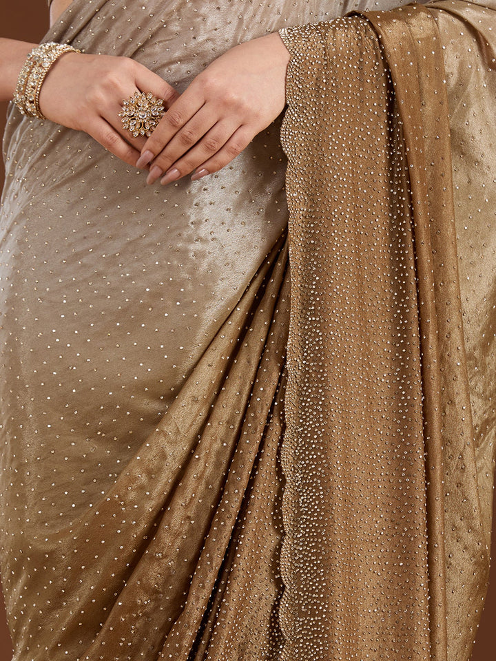 Light Grey Stonework (Gold) Satin Saree-Koskii