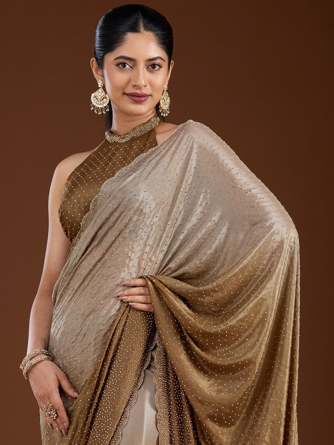 Light Grey Stonework (Gold) Satin Saree-Koskii
