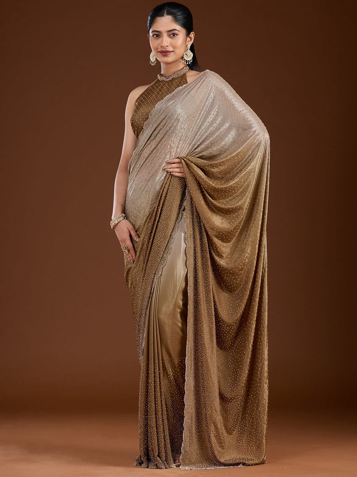 Light Grey Stonework (Gold) Satin Saree-Koskii