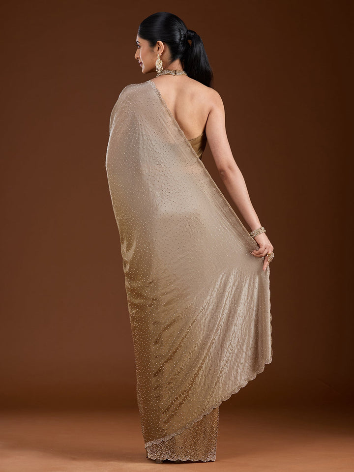 Light Grey Stonework (Gold) Satin Saree-Koskii