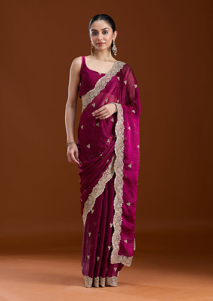 Wine Zariwork (Gold) Tissue Saree-koskii
