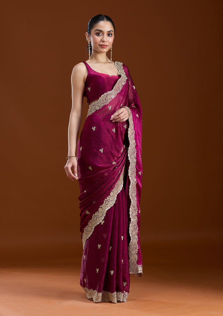 Wine Zariwork (Gold) Tissue Saree-koskii