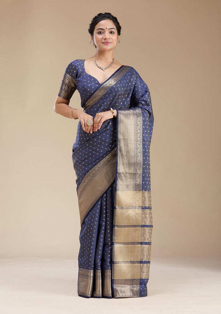 Navy Blue Zariwork (Gold) Tussar Silk Saree-koskii
