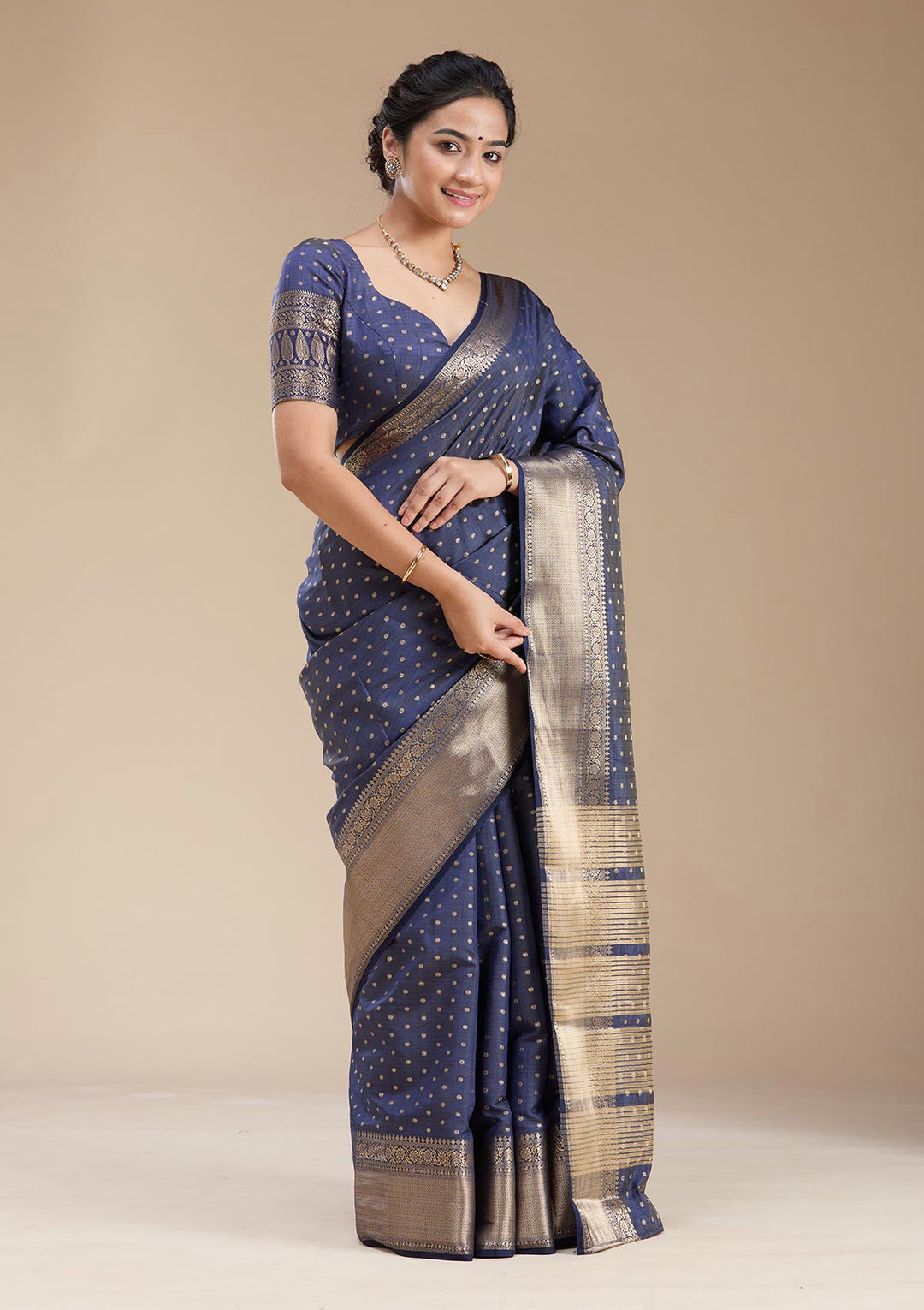 Navy Blue Zariwork (Gold) Tussar Silk Saree-koskii
