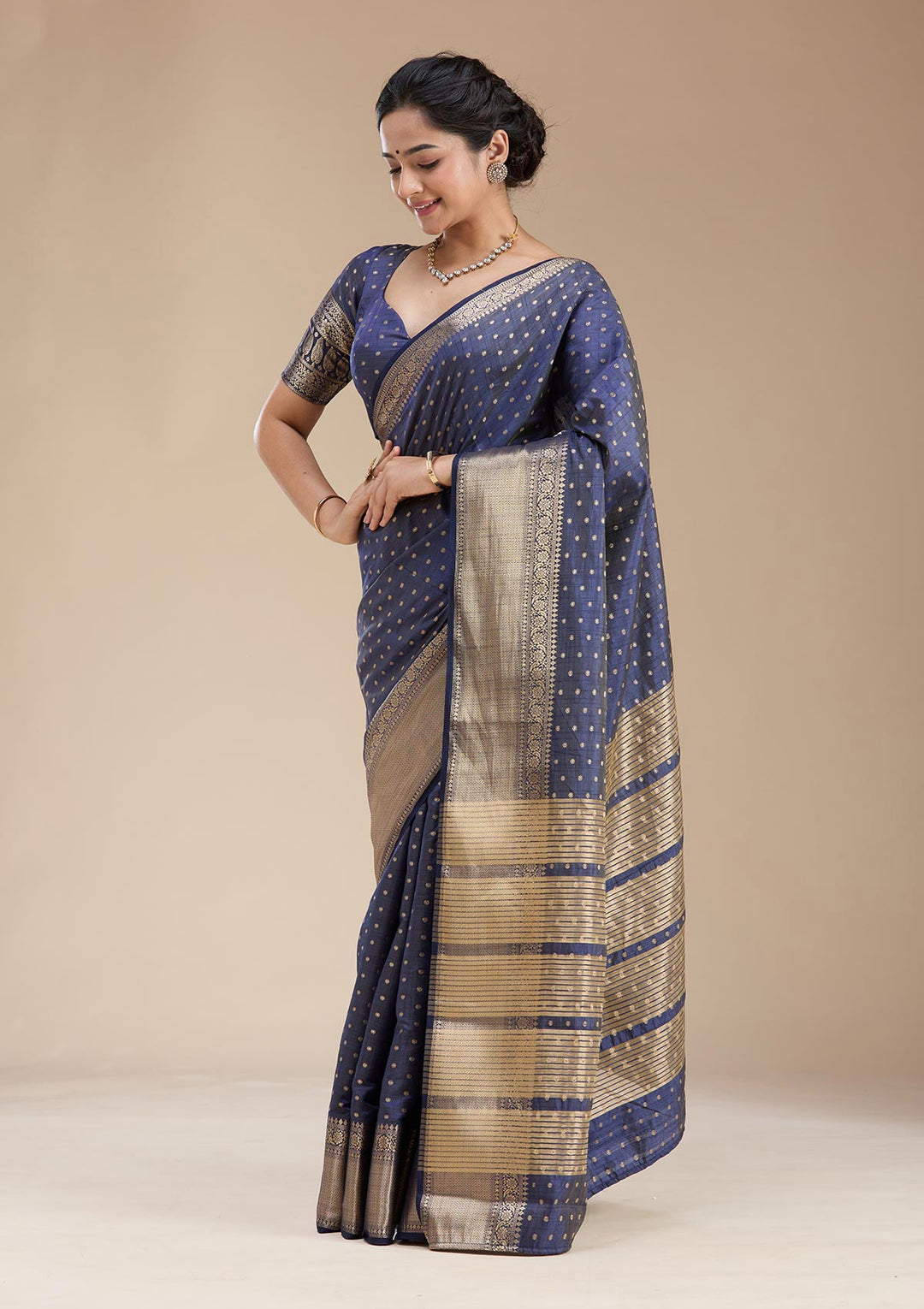 Navy Blue Zariwork (Gold) Tussar Silk Saree-koskii