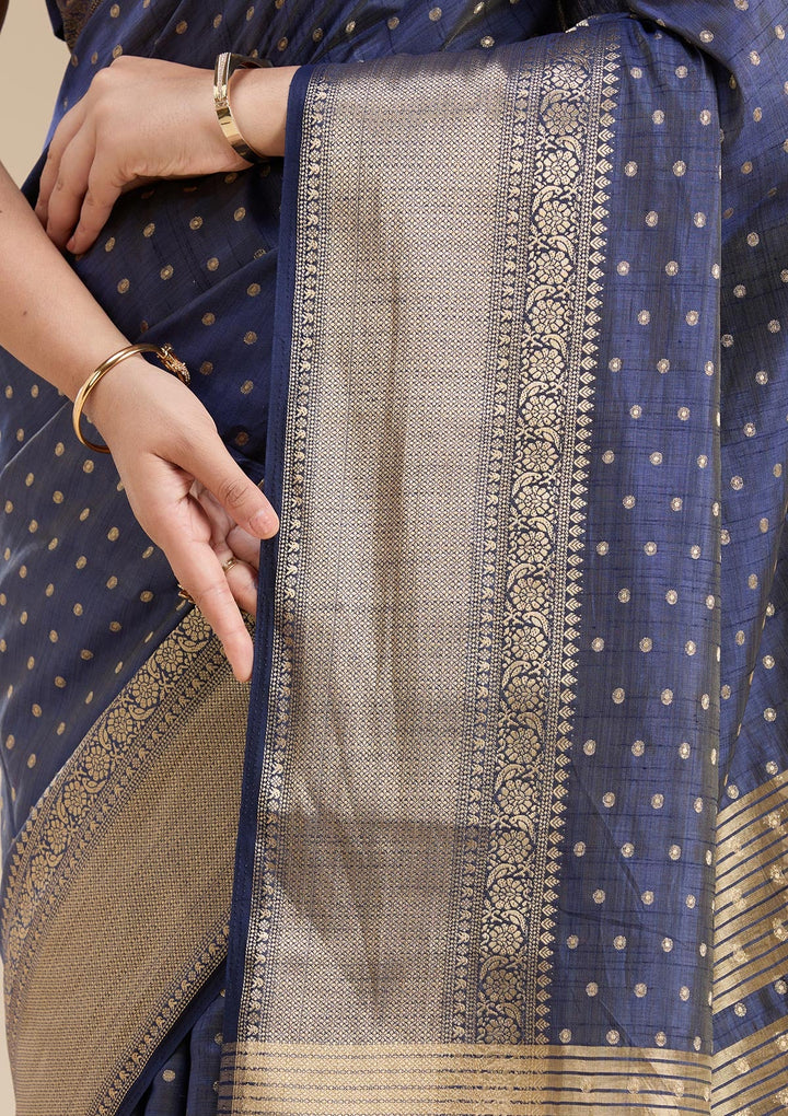 Navy Blue Zariwork (Gold) Tussar Silk Saree-koskii