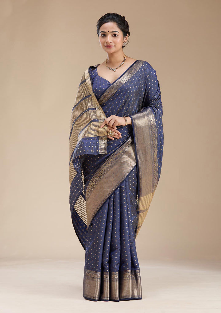Navy Blue Zariwork (Gold) Tussar Silk Saree-koskii