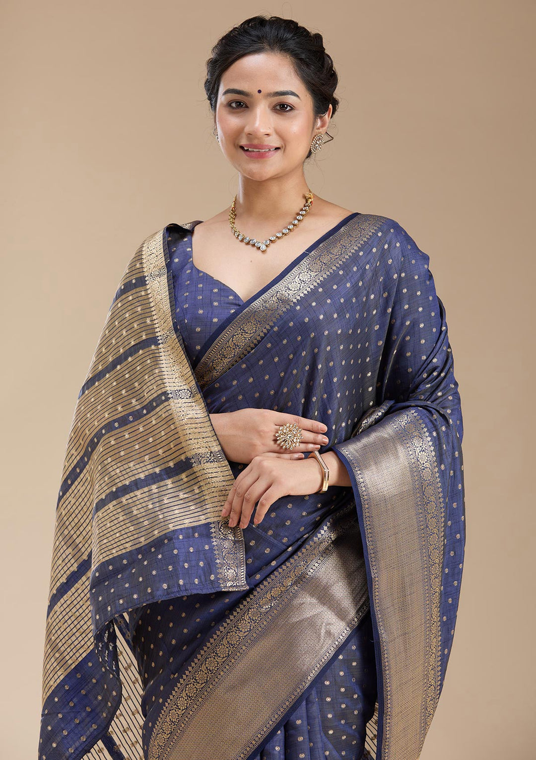 Navy Blue Zariwork (Gold) Tussar Silk Saree-koskii