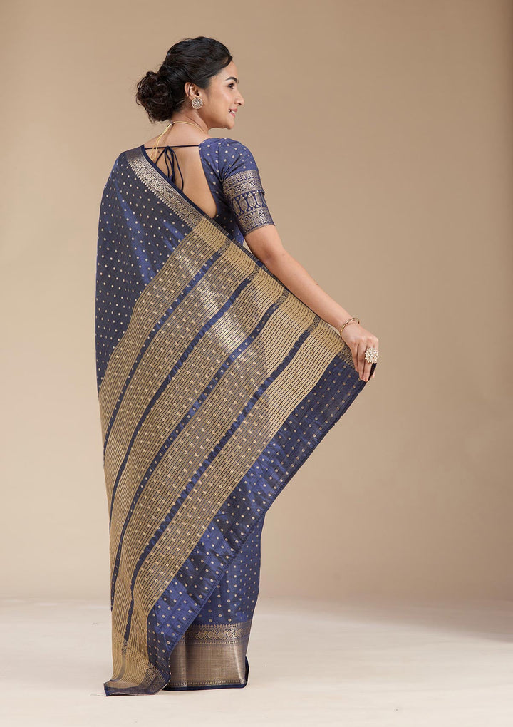 Navy Blue Zariwork (Gold) Tussar Silk Saree-koskii