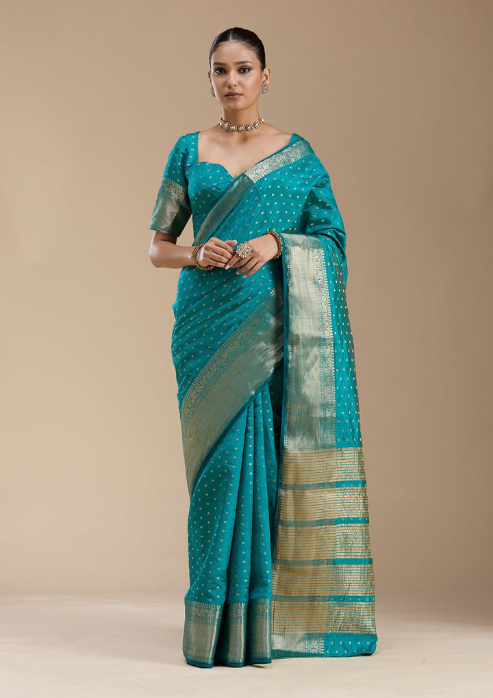 Turquoise Blue Zariwork (Gold) Tussar Silk_Saree-koskii