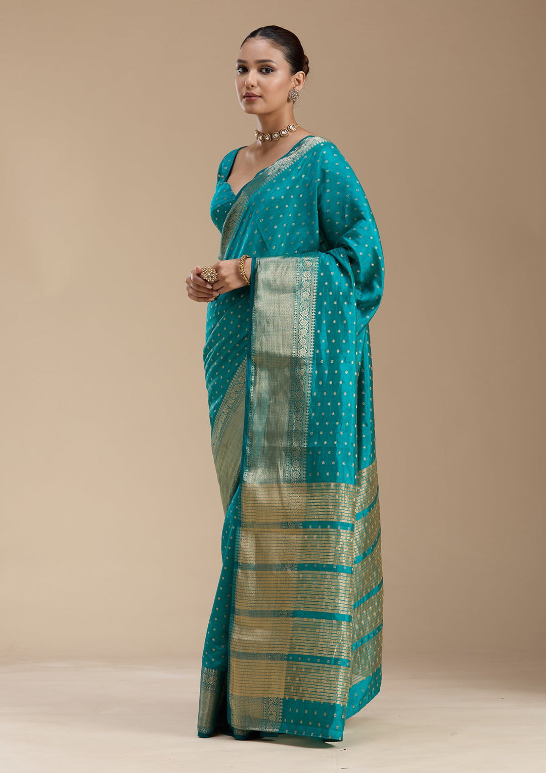 Turquoise Blue Zariwork (Gold) Tussar Silk_Saree-koskii