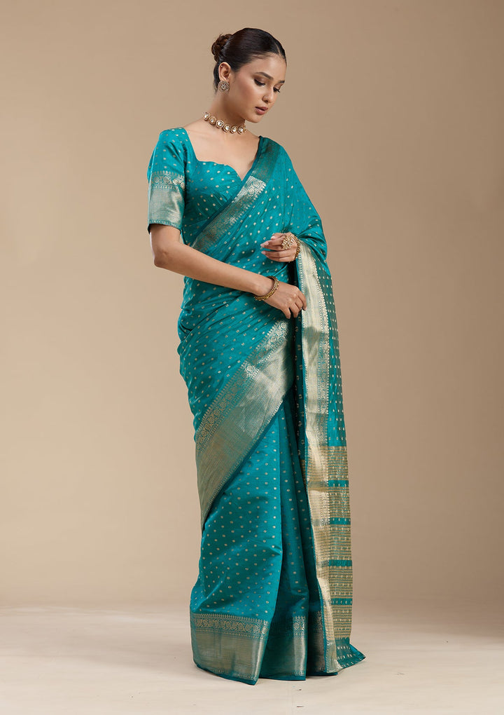 Turquoise Blue Zariwork (Gold) Tussar Silk_Saree-koskii