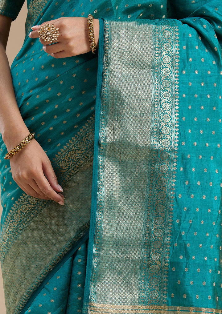 Turquoise Blue Zariwork (Gold) Tussar Silk_Saree-koskii