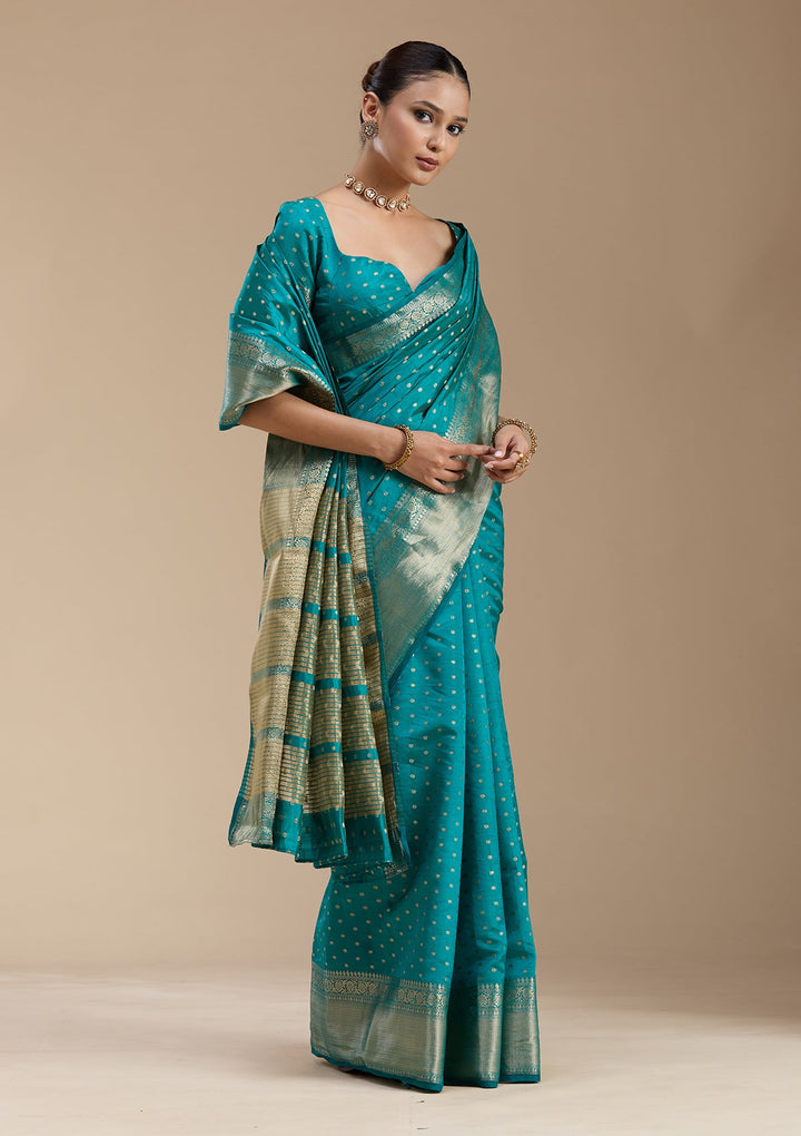 Turquoise Blue Zariwork (Gold) Tussar Silk_Saree-koskii