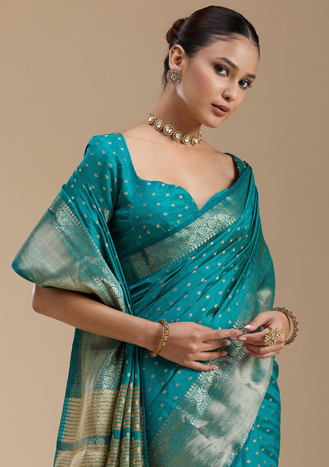 Turquoise Blue Zariwork (Gold) Tussar Silk_Saree-koskii