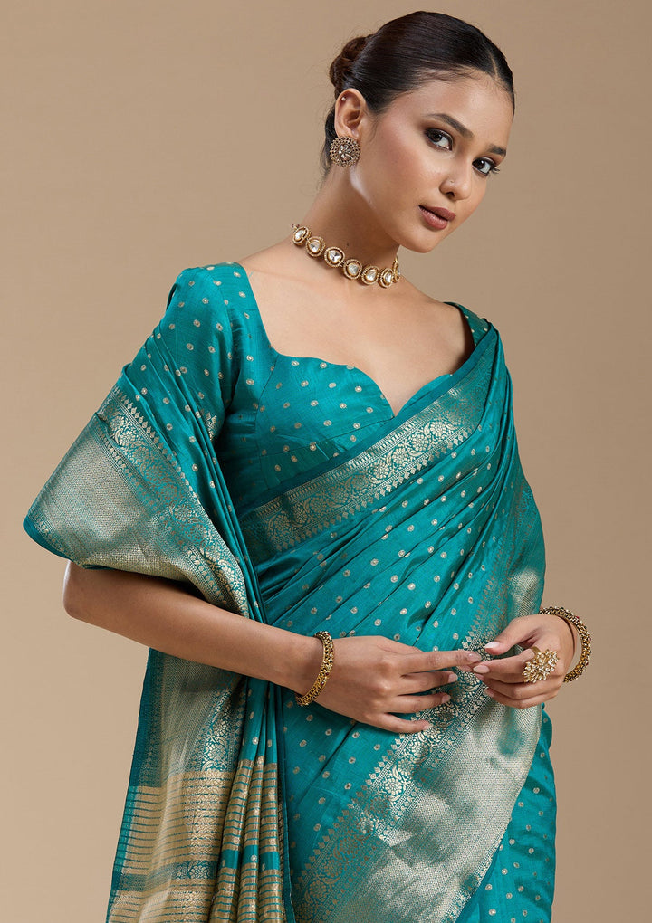 Turquoise Blue Zariwork (Gold) Tussar Silk_Saree-koskii