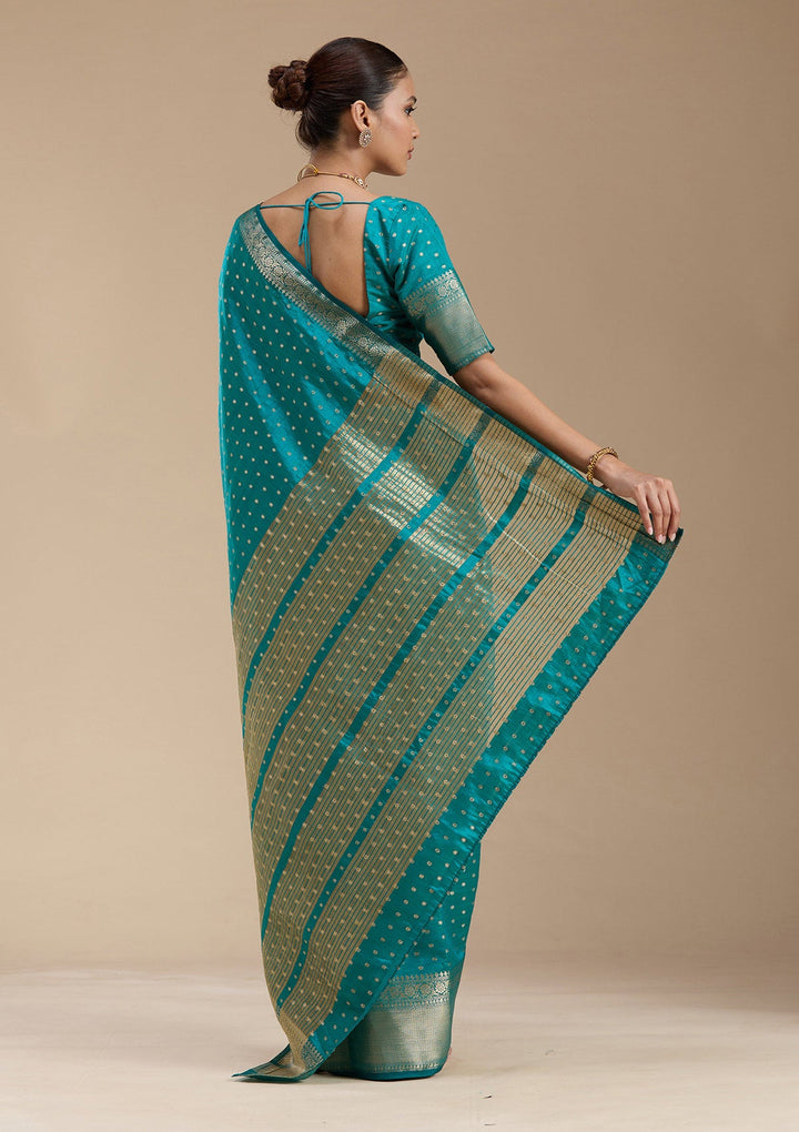 Turquoise Blue Zariwork (Gold) Tussar Silk_Saree-koskii