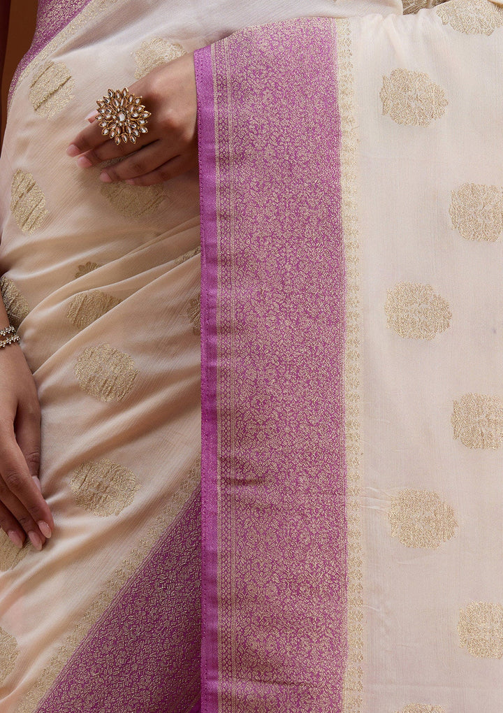 Off White Zariwork (Gold) Georgette Silk_Saree-koskii