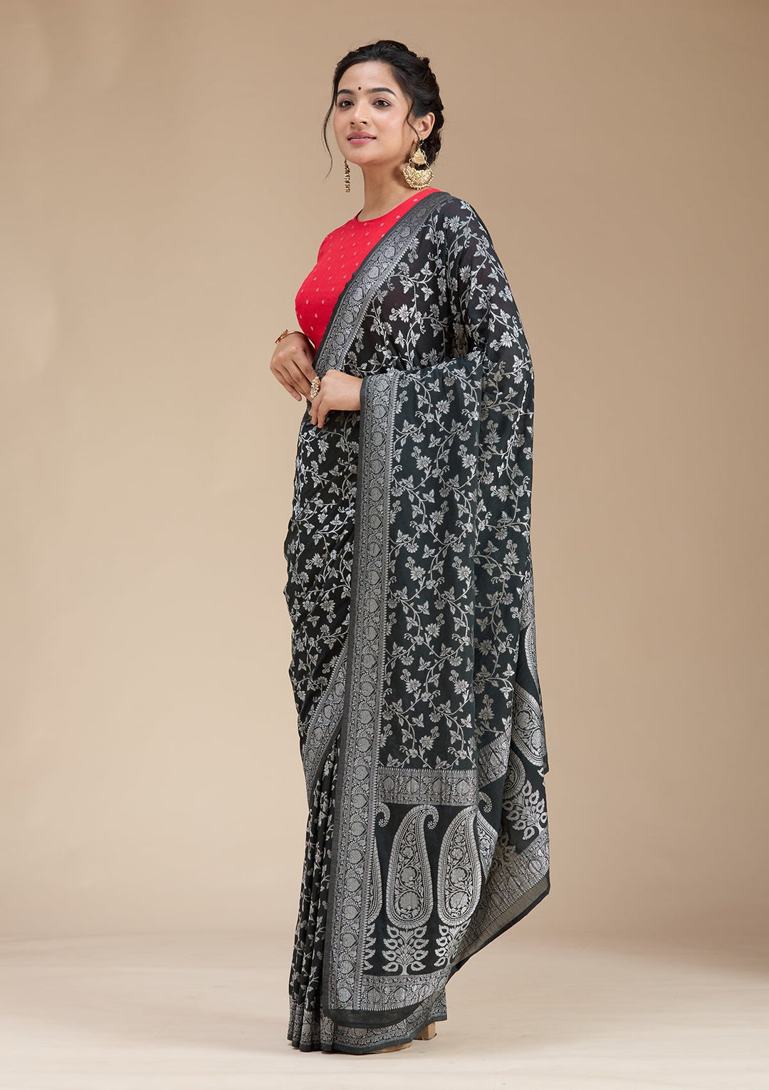 Black Zariwork (Gold) Georgette Silk Saree-koskii