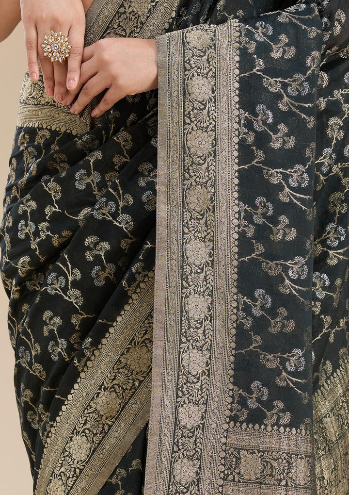 Black Zariwork (Gold) Georgette Silk Saree-koskii