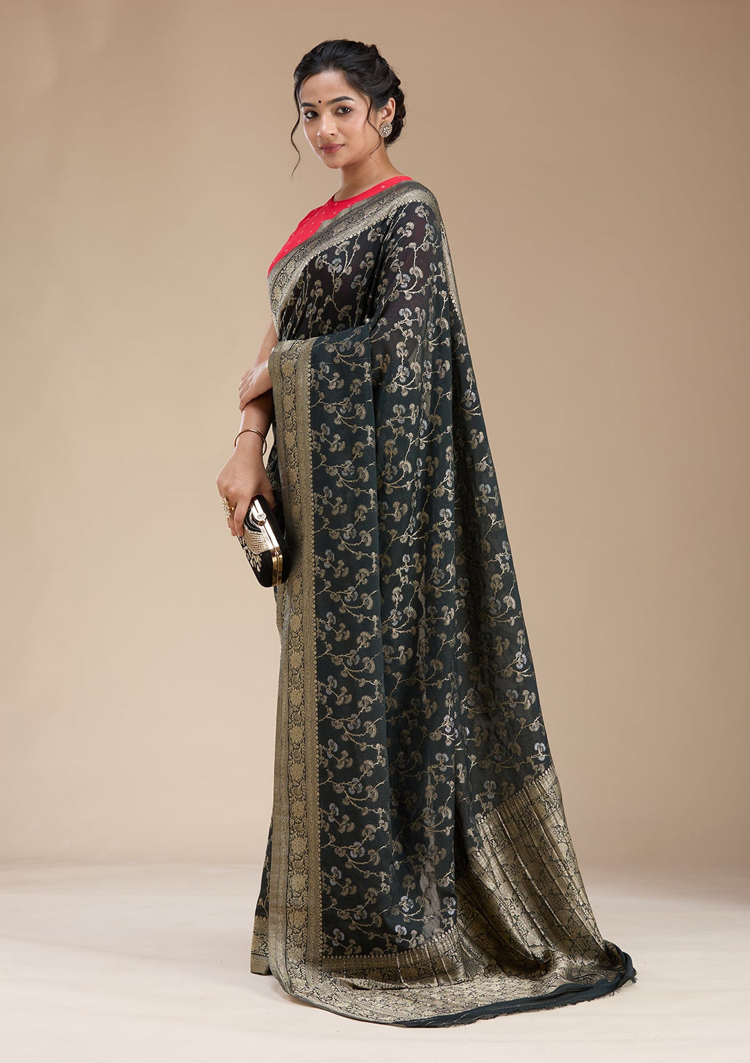 Black Zariwork (Gold) Georgette Silk Saree-koskii
