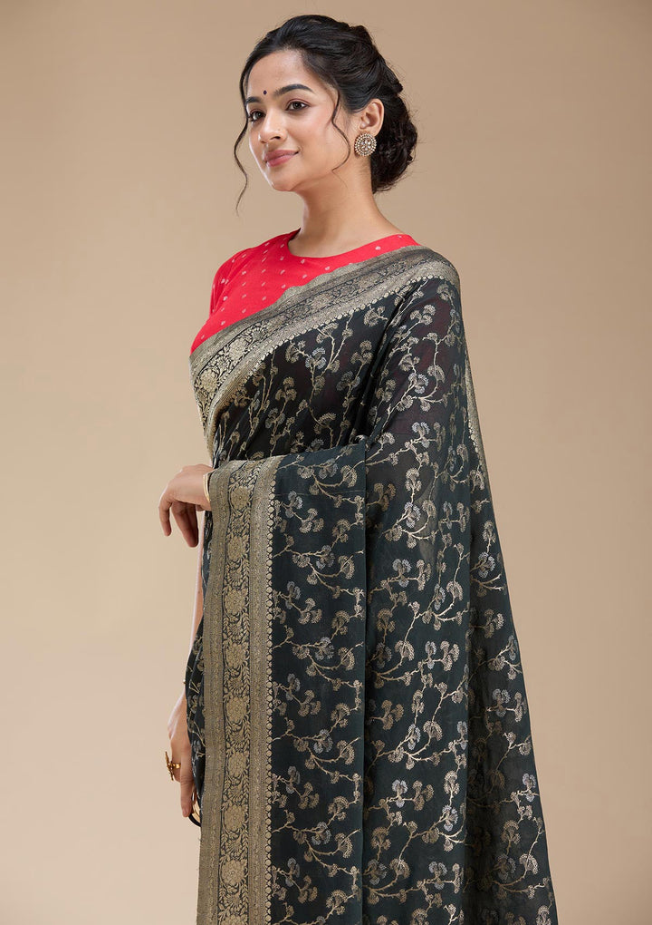 Black Zariwork (Gold) Georgette Silk Saree-koskii