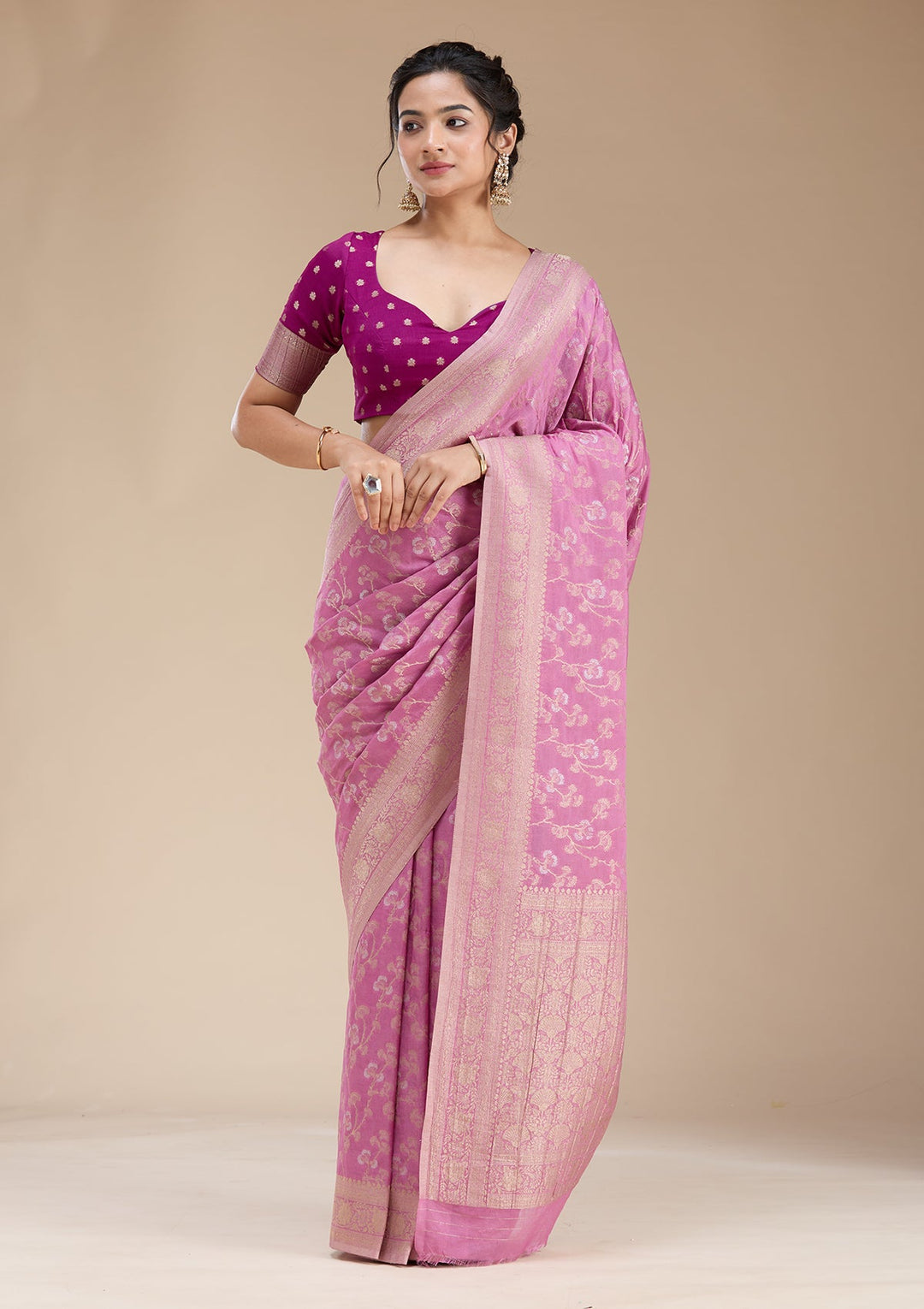 Onion Pink Zariwork (Gold) Georgette Silk Saree-koskii