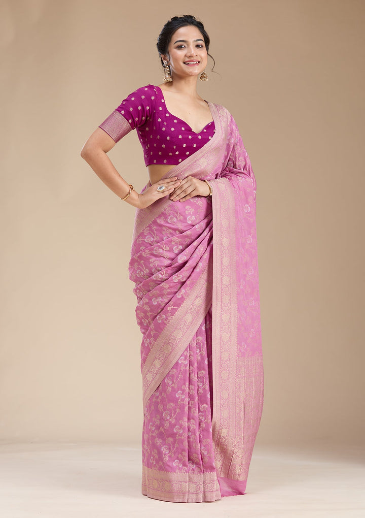 Onion Pink Zariwork (Gold) Georgette Silk Saree-koskii