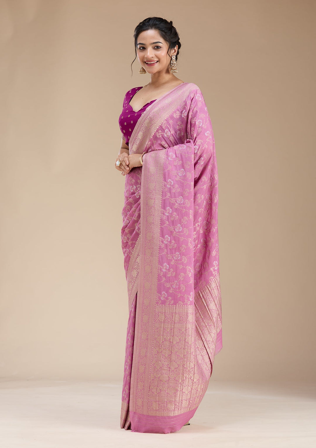 Onion Pink Zariwork (Gold) Georgette Silk Saree-koskii