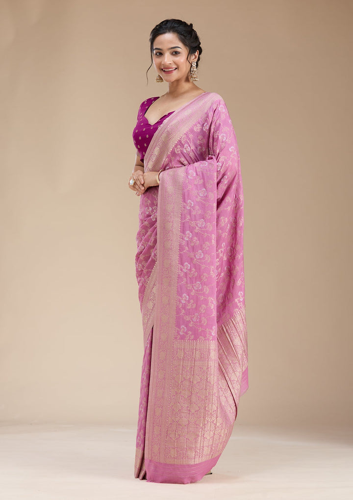 Onion Pink Zariwork (Gold) Georgette Silk Saree-koskii