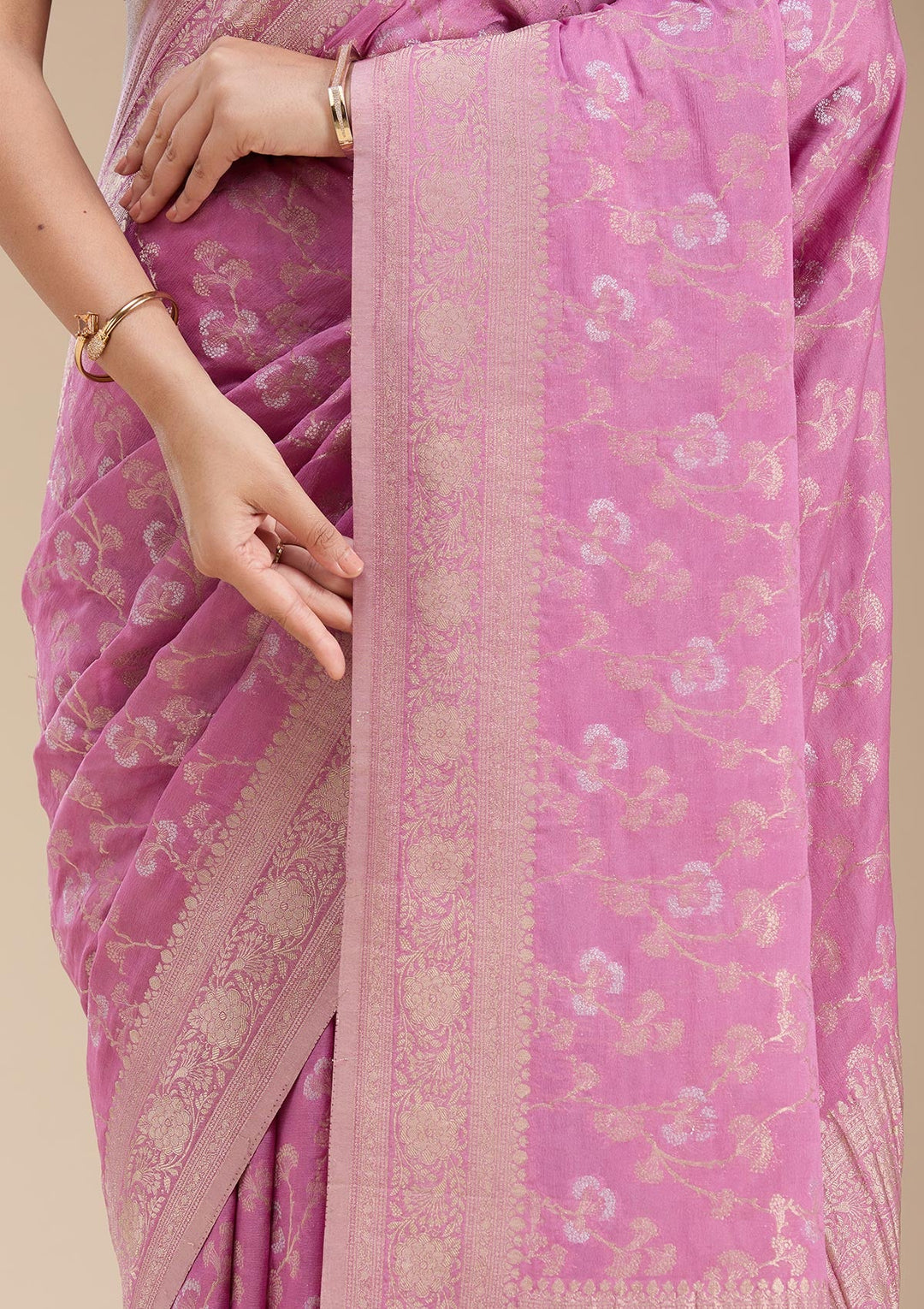 Onion Pink Zariwork (Gold) Georgette Silk Saree-koskii