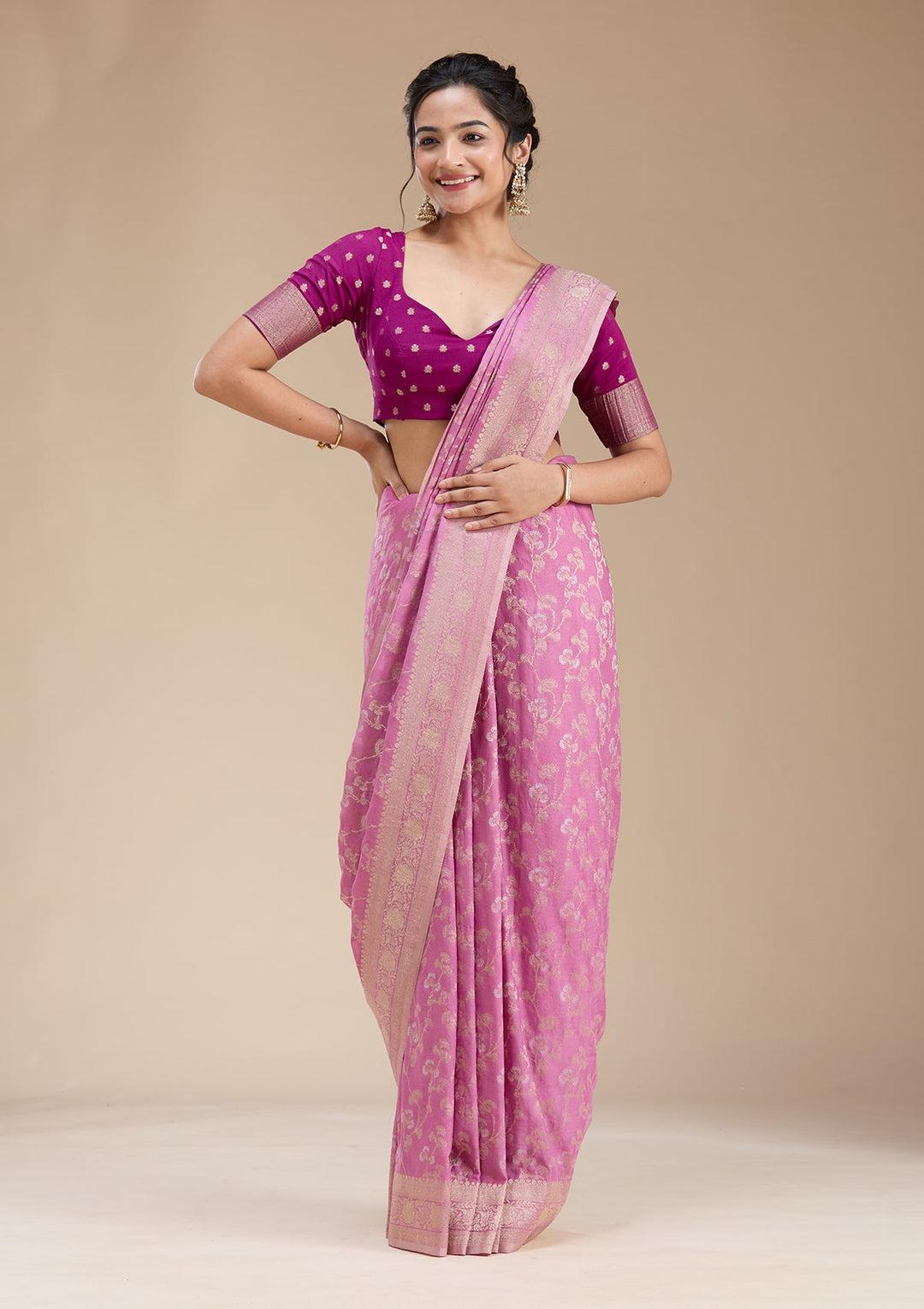 Onion Pink Zariwork (Gold) Georgette Silk Saree-koskii