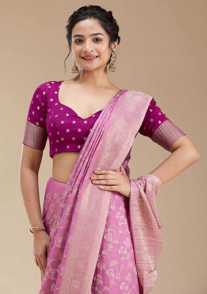 Onion Pink Zariwork (Gold) Georgette Silk Saree-koskii