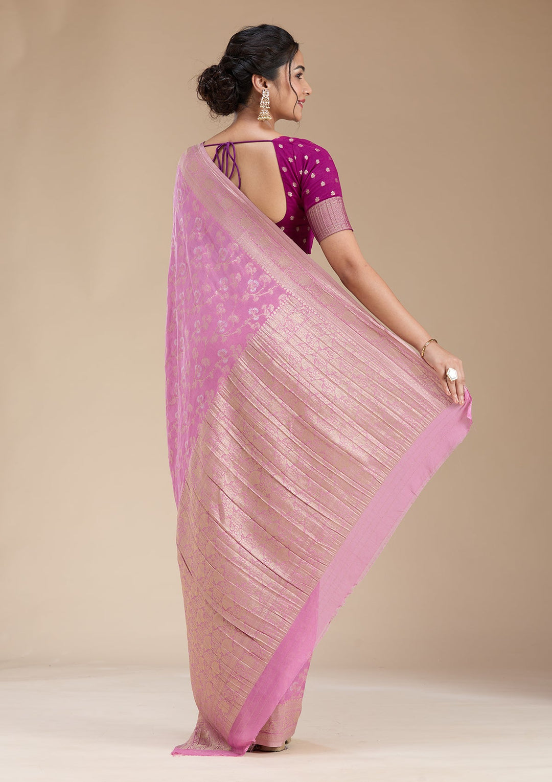 Onion Pink Zariwork (Gold) Georgette Silk Saree-koskii