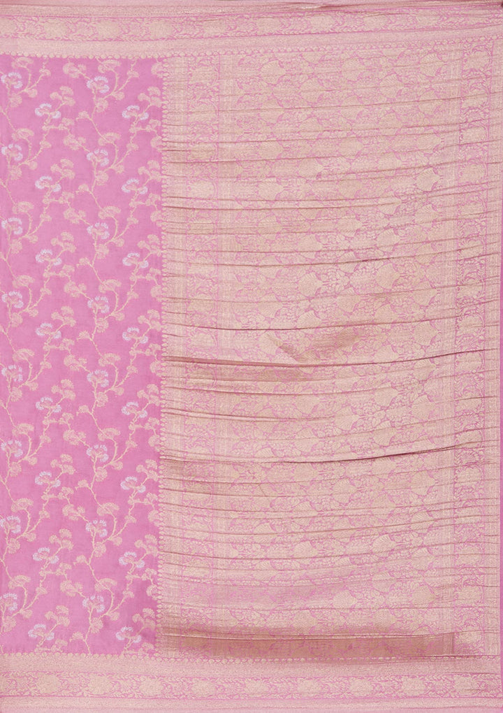 Onion Pink Zariwork (Gold) Georgette Silk Saree-koskii