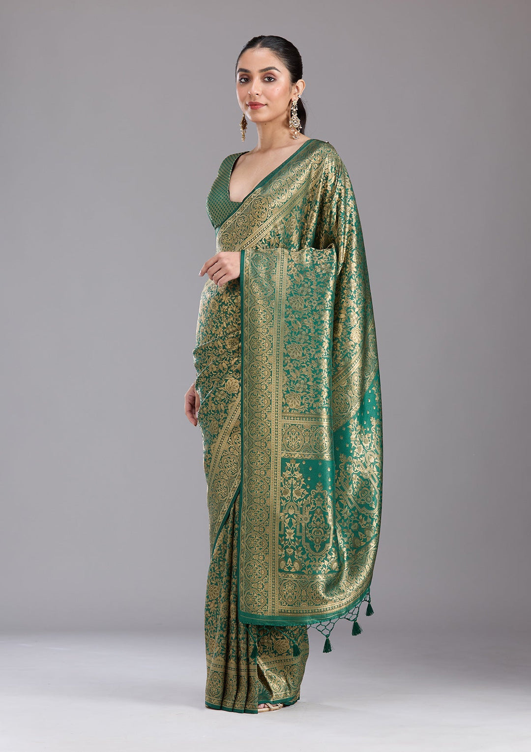 Bottle Green Zariwork Art Silk Saree-koskii
