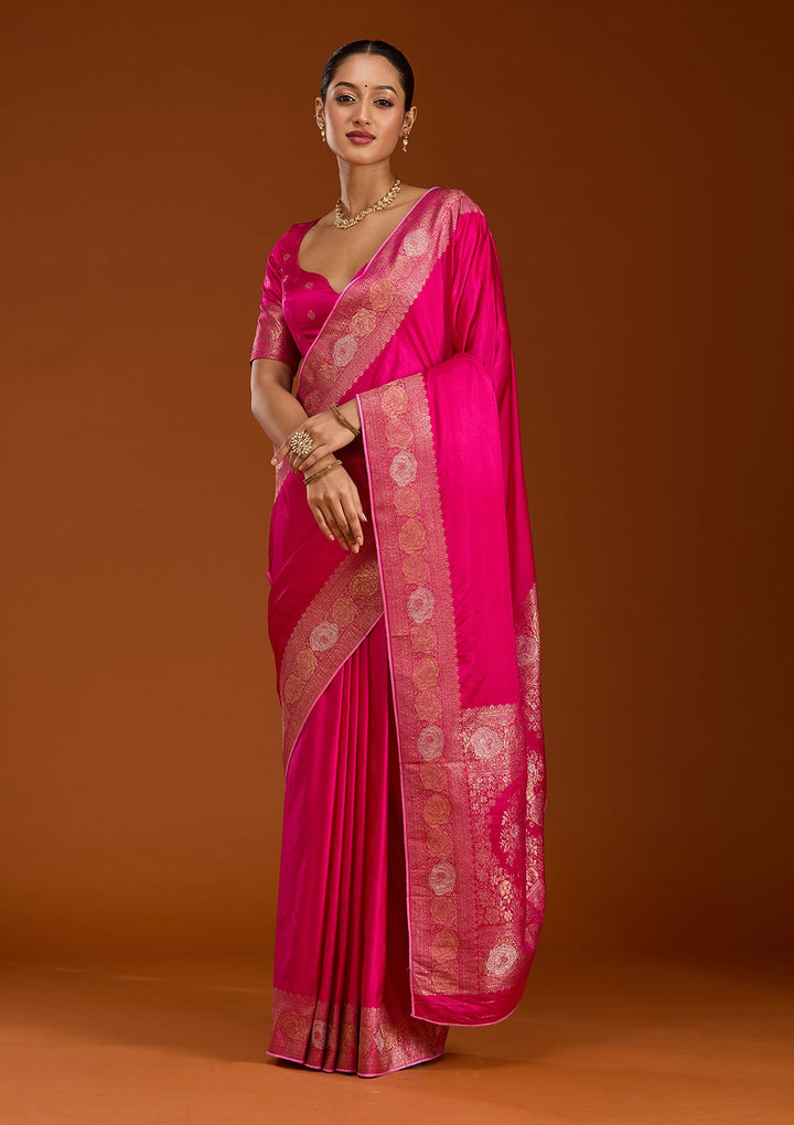 Rani Pink Zariwork Crepe Silk Saree-Koskii