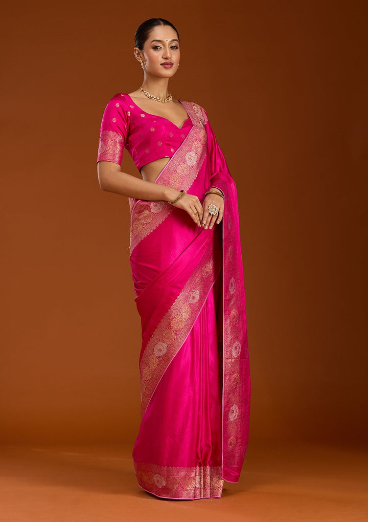Rani Pink Zariwork Crepe Silk Saree-Koskii