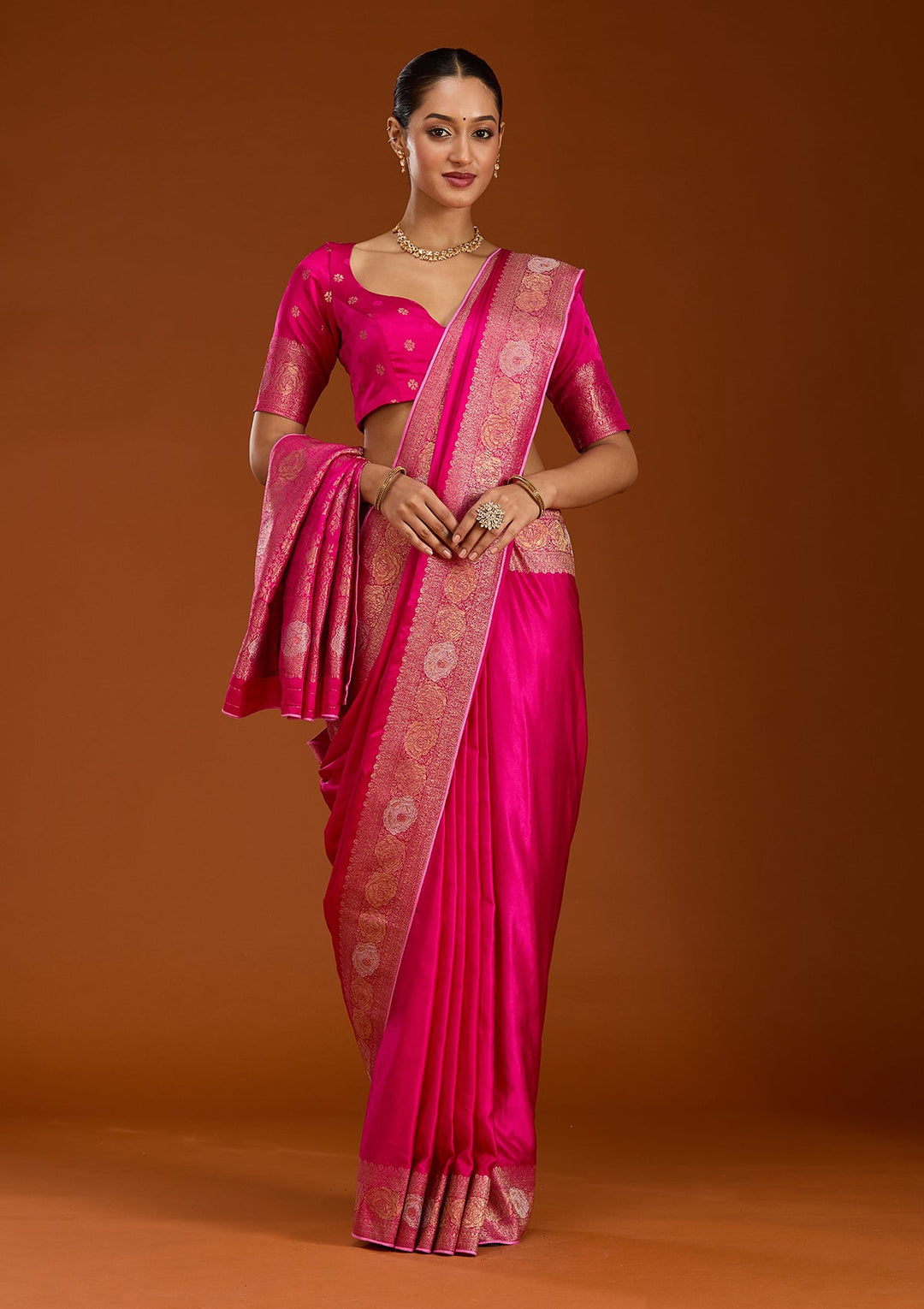 Rani Pink Zariwork Crepe Silk Saree-Koskii