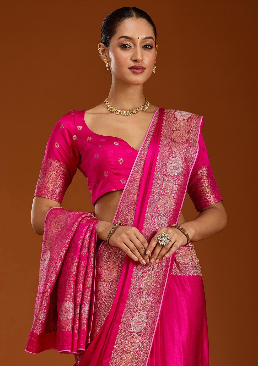 Rani Pink Zariwork Crepe Silk Saree-Koskii