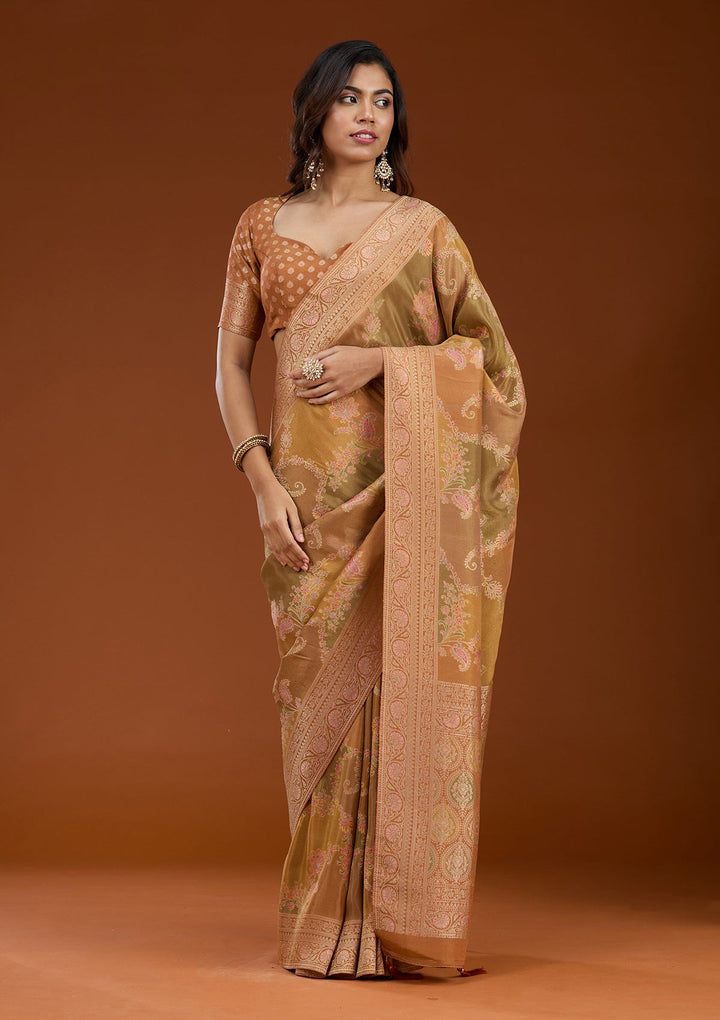 Mustard Cutdana Chiffon Silk Saree_koskii