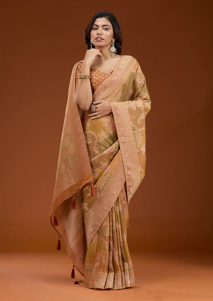 Mustard Cutdana Chiffon Silk Saree_koskii