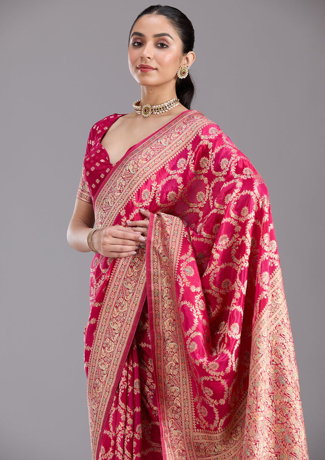 Rani Pink Banarasi Silk Saree-koskii
