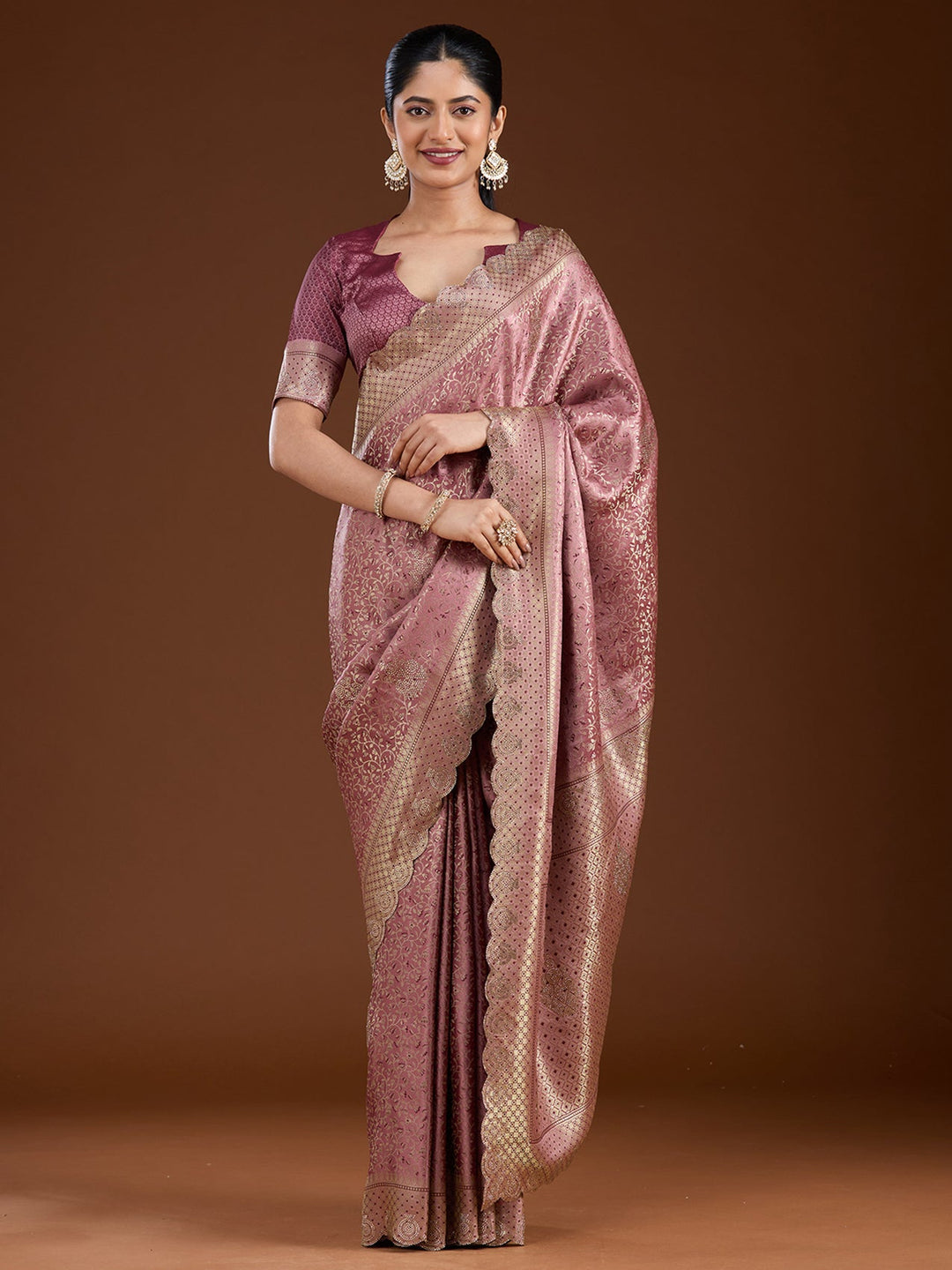 Mauve Stonework (Gold) Silk Saree-Koskii