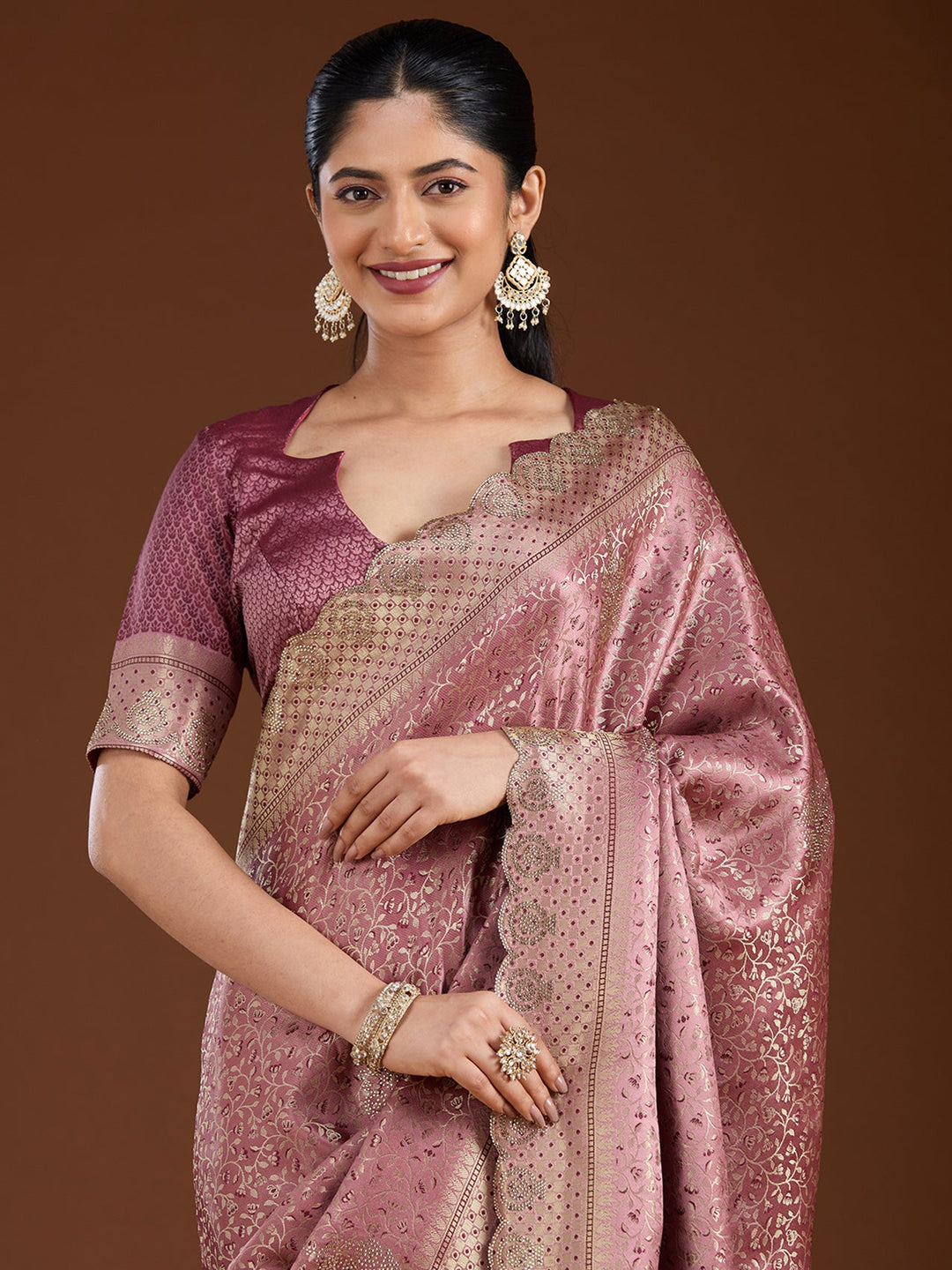 Mauve Stonework (Gold) Silk Saree-Koskii