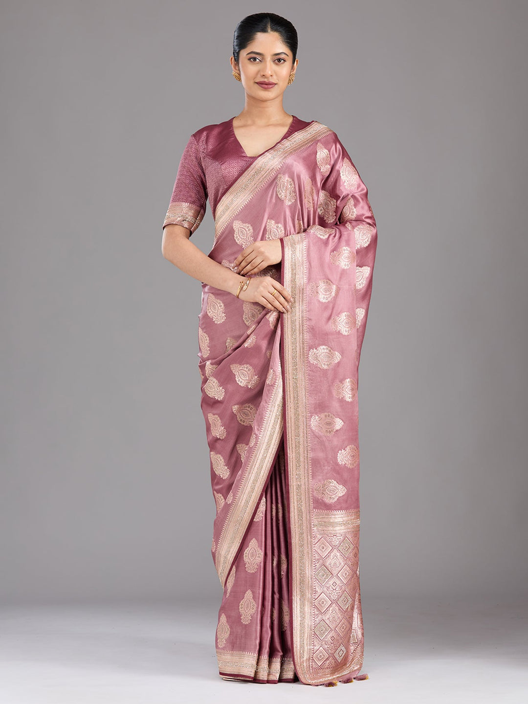 Mauve Stonework (Gold) Silk Saree-Koskii