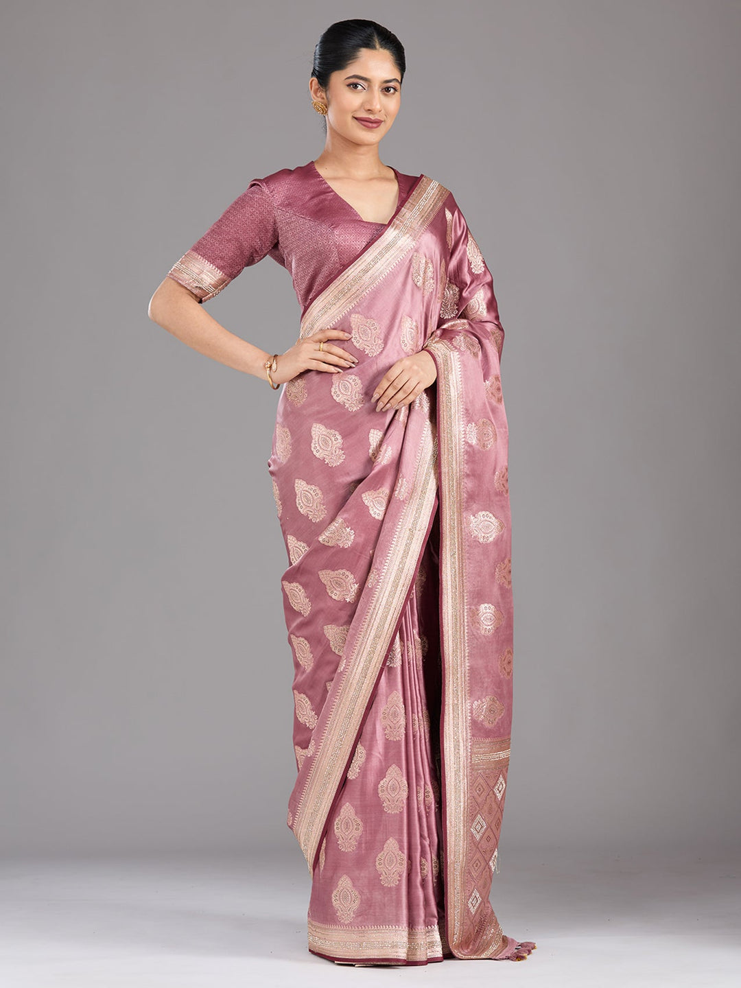 Mauve Stonework (Gold) Silk Saree-Koskii